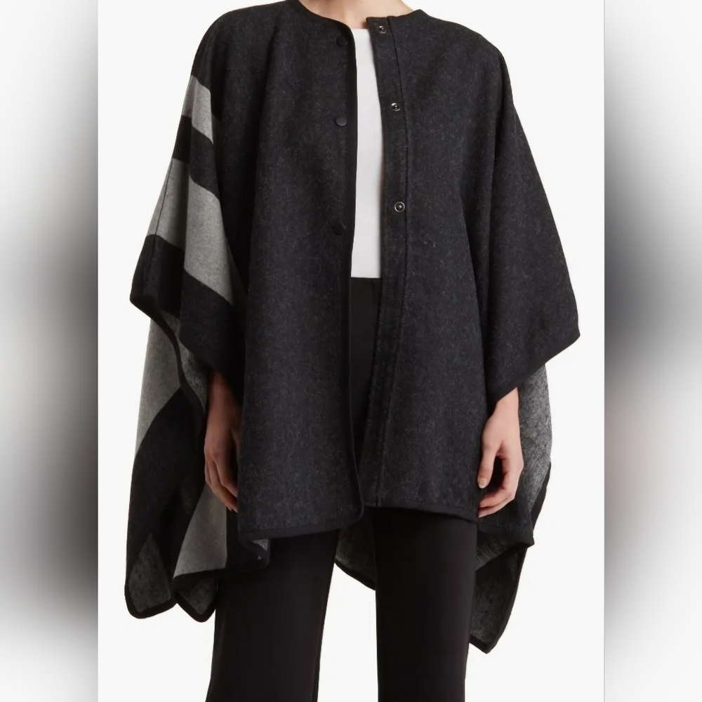 Modena Charcoal Grey Academia Blocky Striped Snap Button Front Ruana